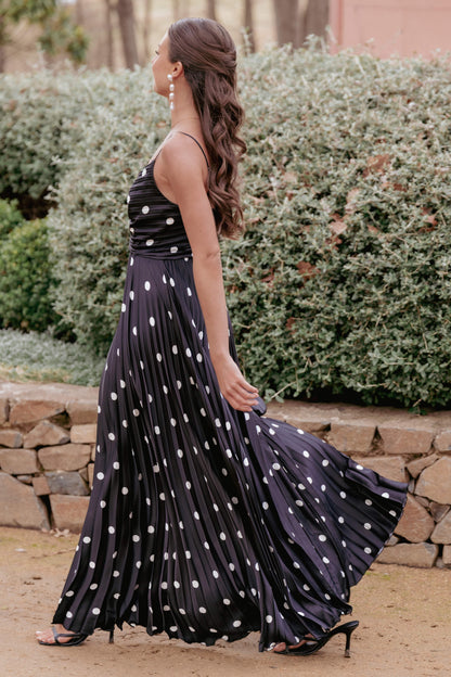 Black Polka Dot Naira Pleated Maxi Dress