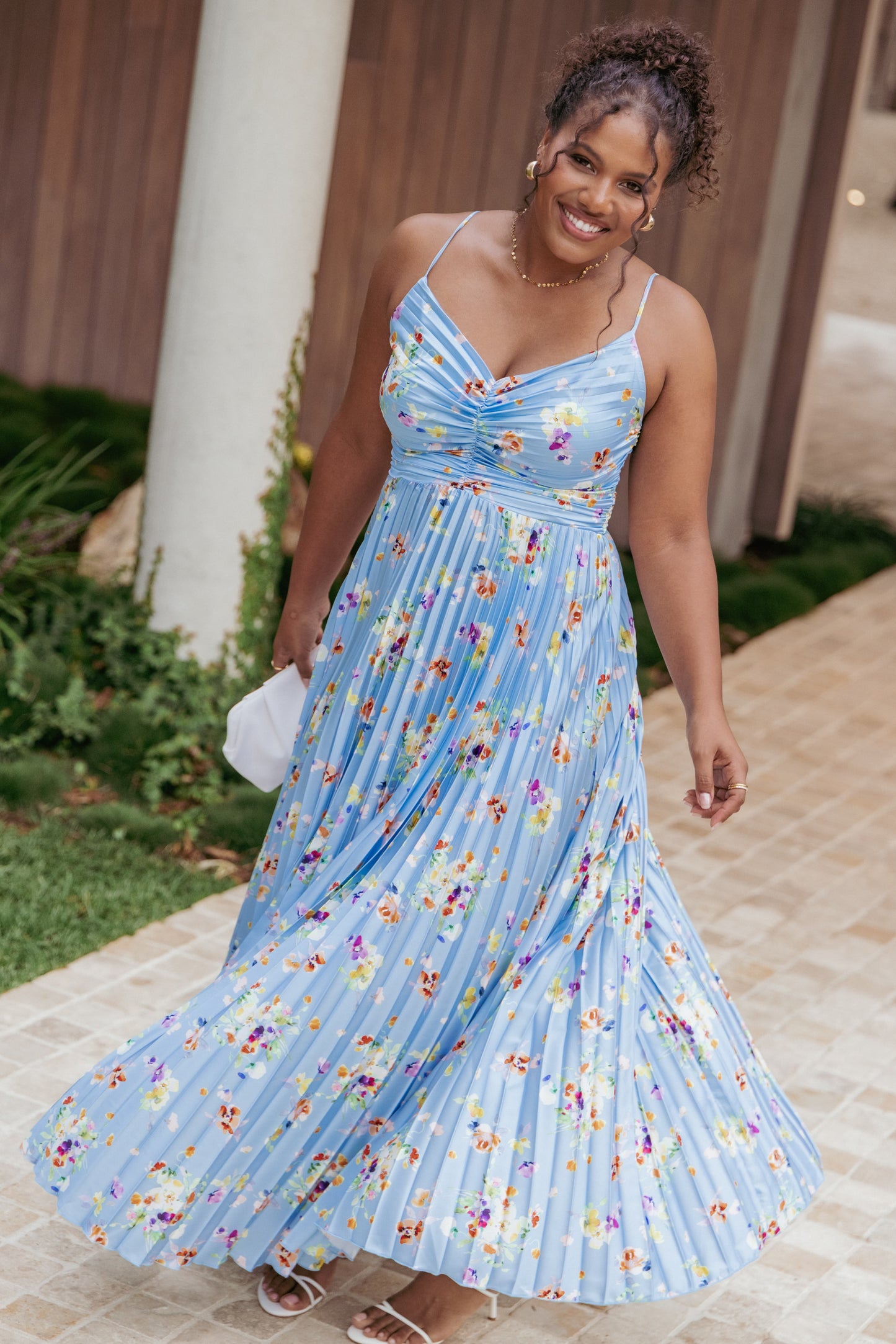 Cornflower Blue Floral Naira Pleated Maxi Dress