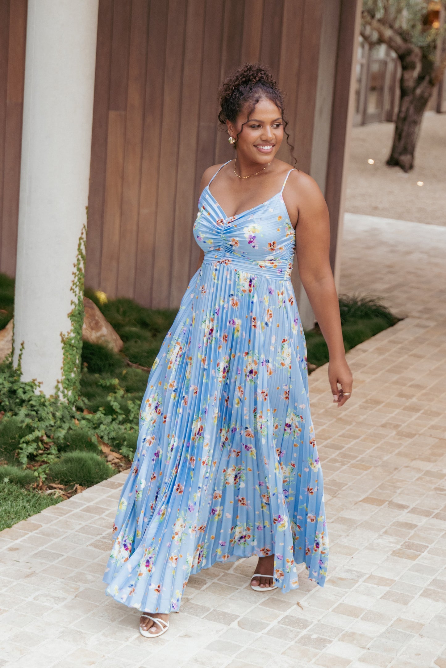 Cornflower Blue Floral Naira Pleated Maxi Dress
