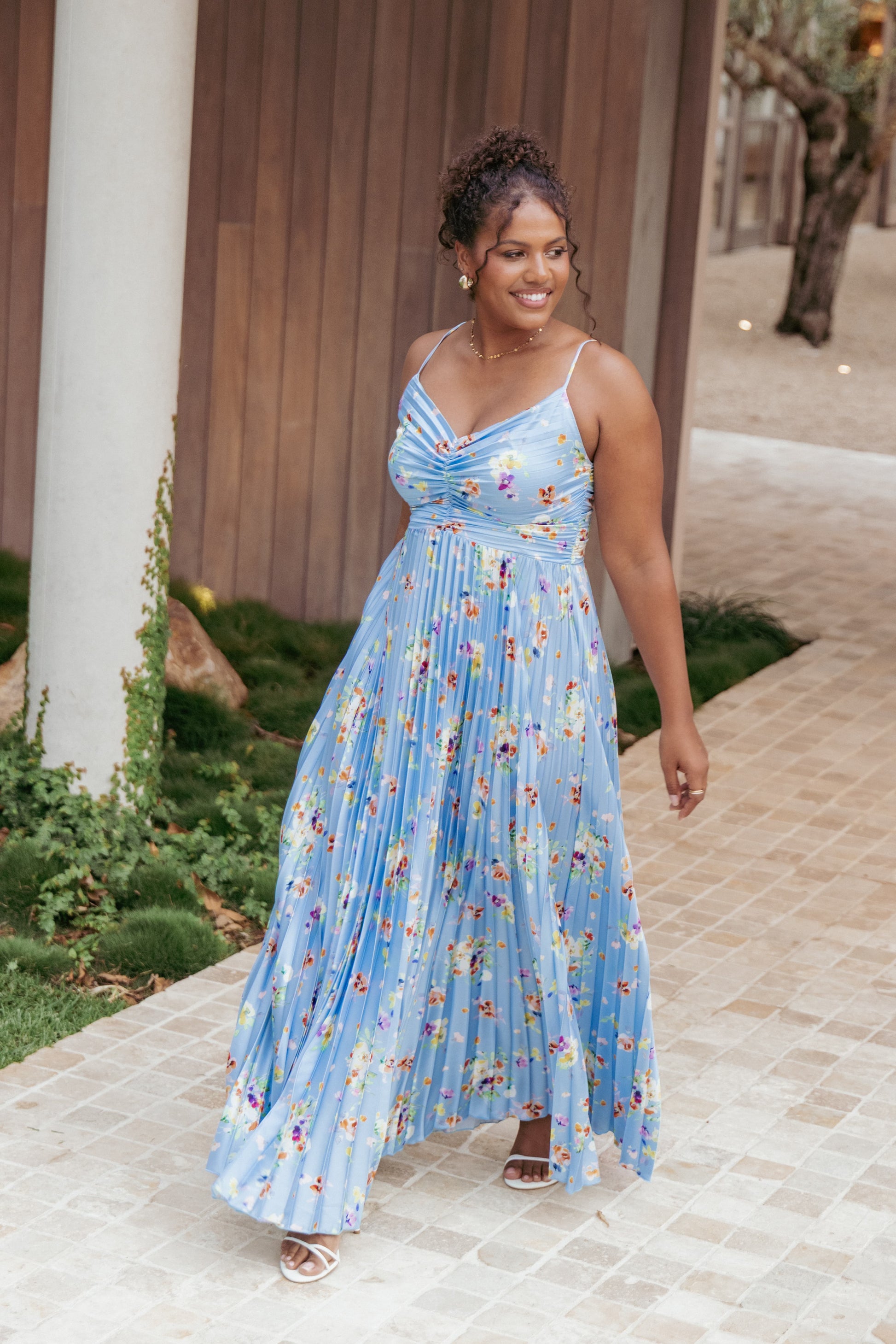 Cornflower Blue Floral Naira Pleated Maxi Dress