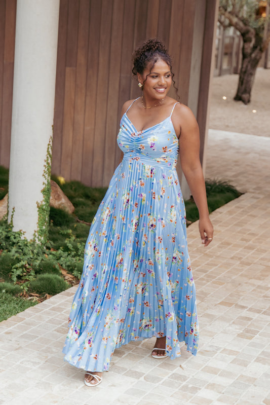 Cornflower Blue Floral Naira Pleated Maxi Dress
