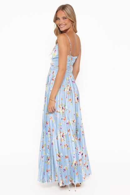 Cornflower Blue Floral Naira Pleated Maxi Dress