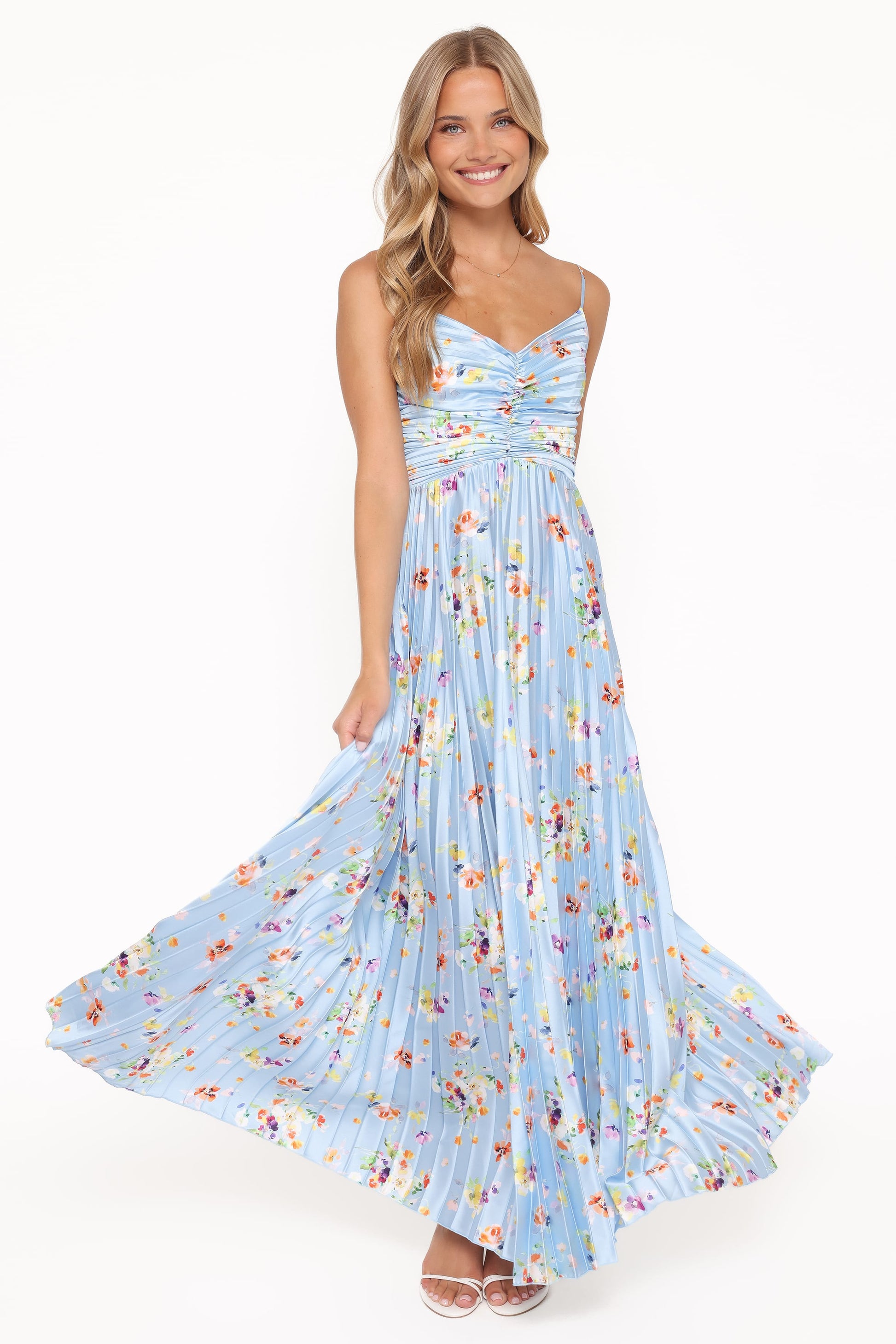 Cornflower Blue Floral Naira Pleated Maxi Dress