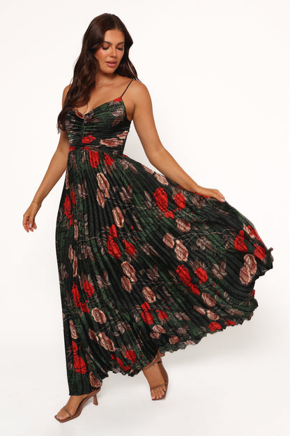 Green Floral Naira Pleated Maxi Dress