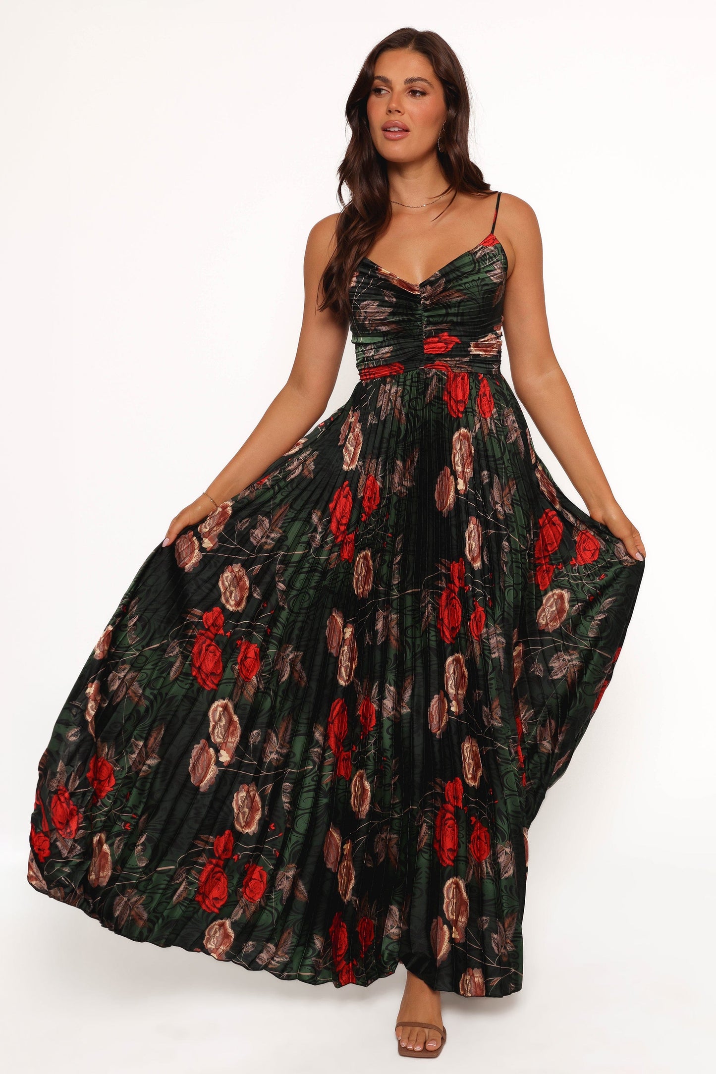 Green Floral Naira Pleated Maxi Dress