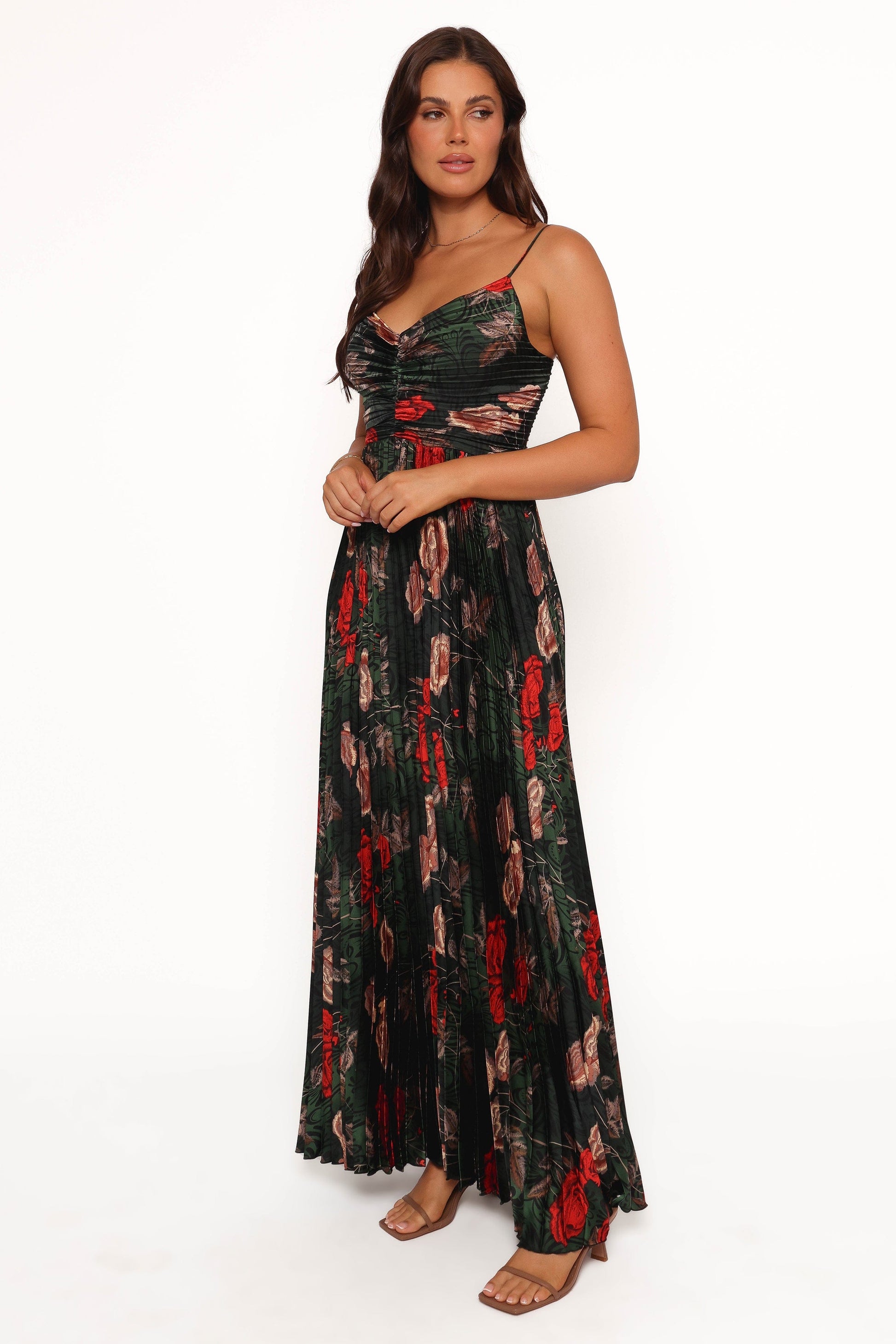 Green Floral Naira Pleated Maxi Dress