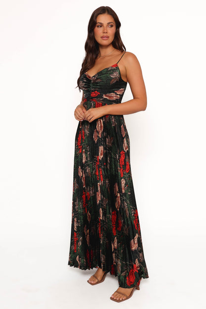 Green Floral Naira Pleated Maxi Dress