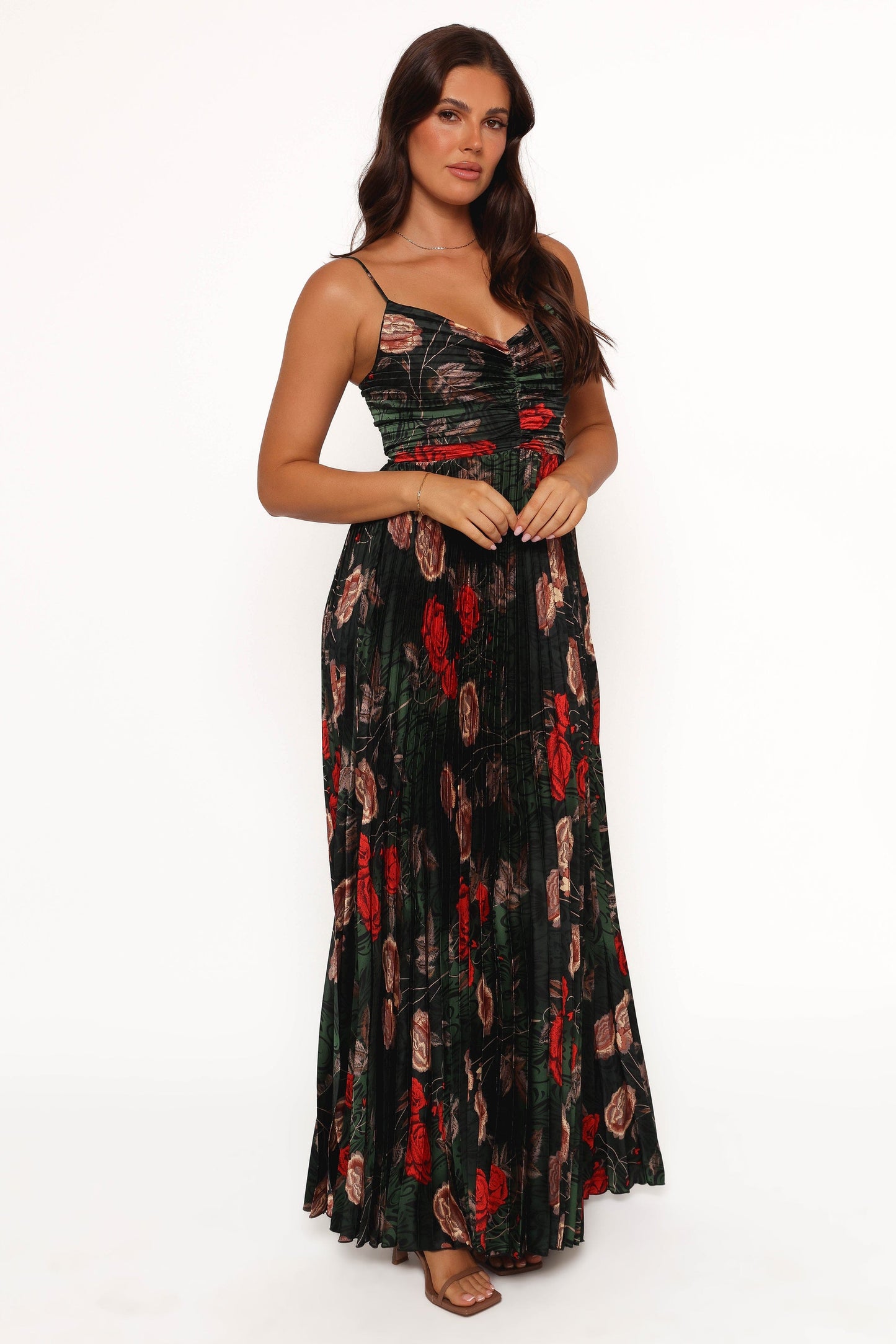 Green Floral Naira Pleated Maxi Dress