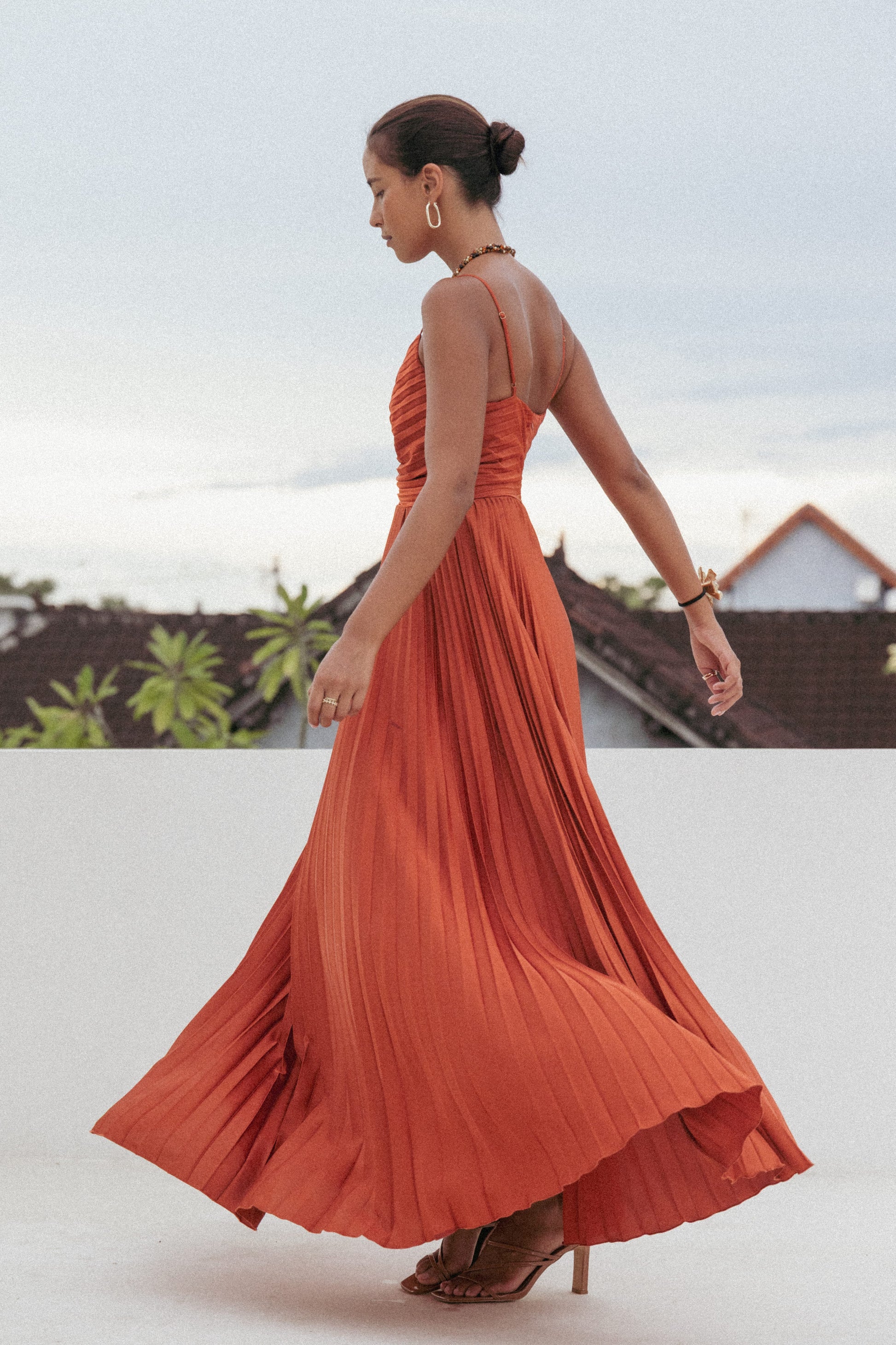 Sunset Orange Naira Pleated Maxi Dress
