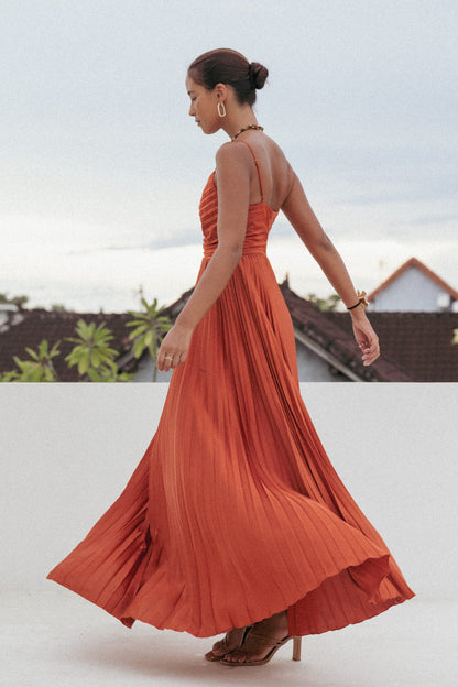 Sunset Orange Naira Pleated Maxi Dress