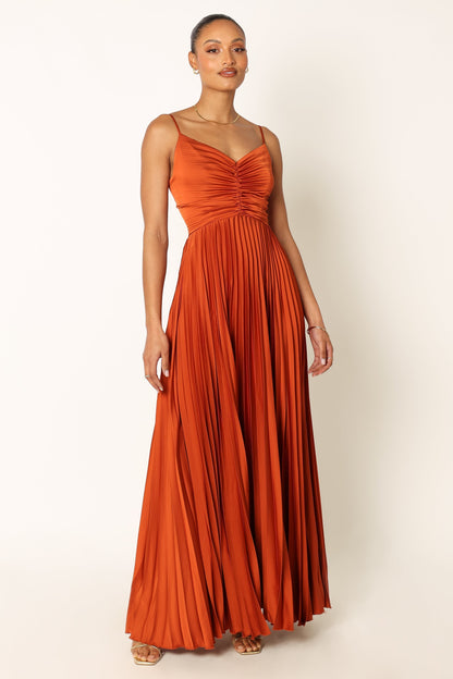 Sunset Orange Naira Pleated Maxi Dress