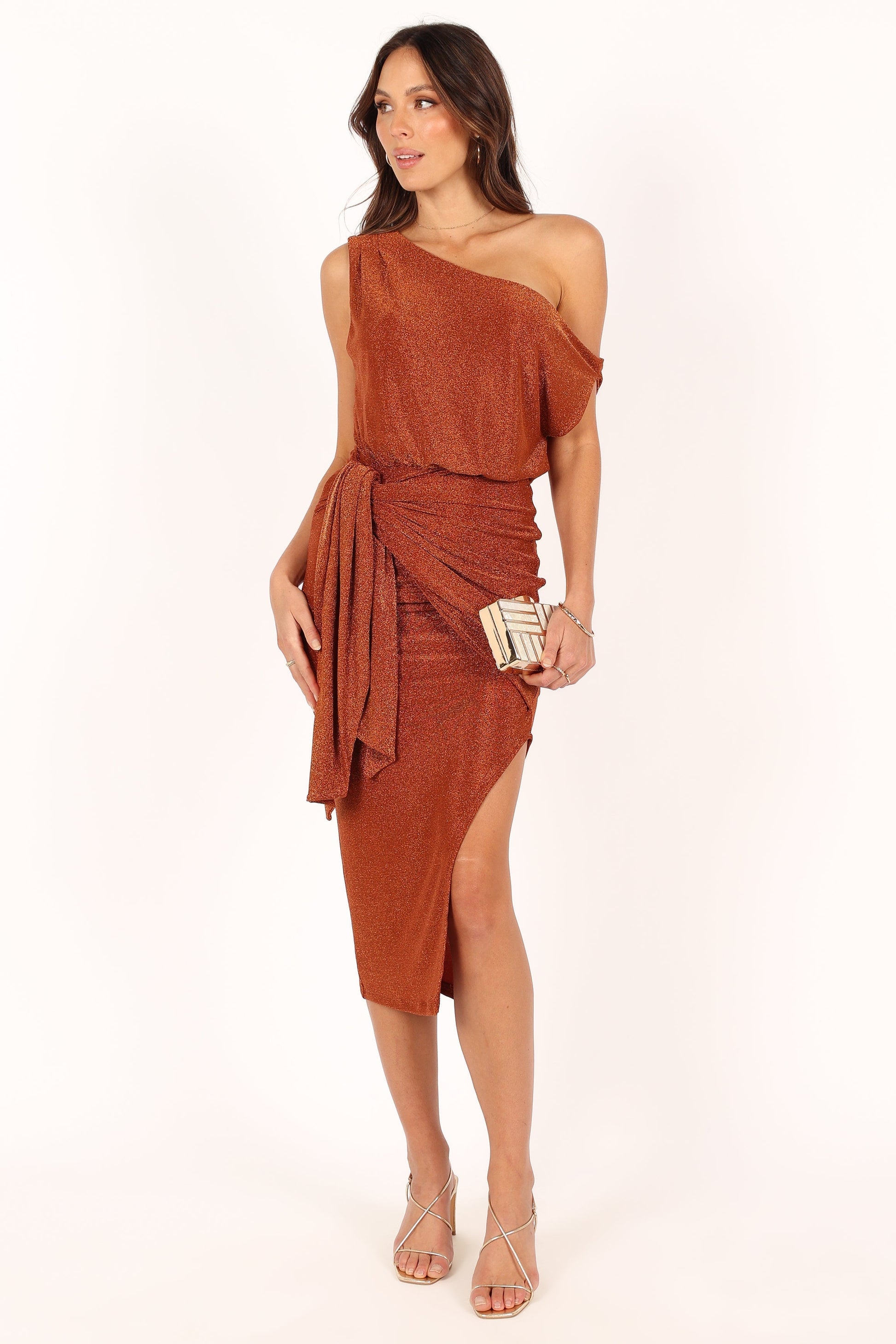 Bronze Santiago Off-Shoulder Midi Dress in Navy