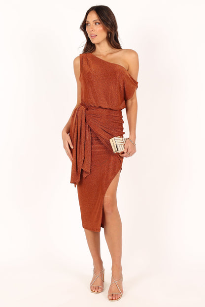 Bronze Santiago Off-Shoulder Midi Dress in Navy
