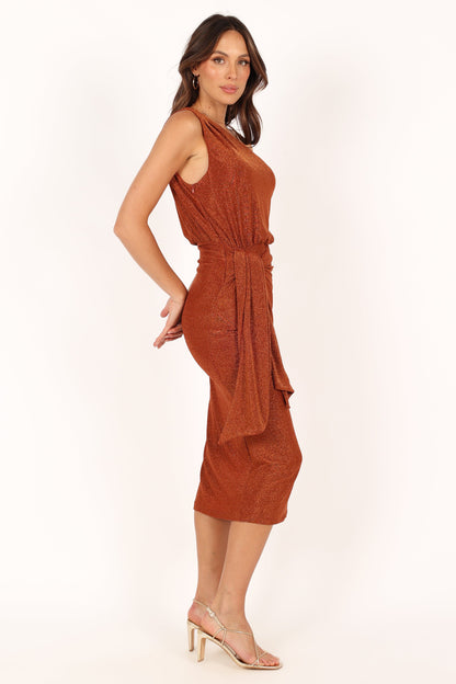 Bronze Santiago Off-Shoulder Midi Dress in Navy