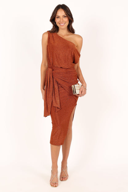 Bronze Santiago Off-Shoulder Midi Dress in Navy