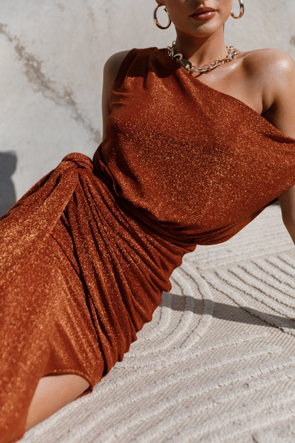 Bronze Santiago Off-Shoulder Midi Dress in Navy