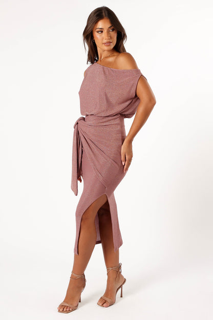 Dusty Rose Santiago Off-Shoulder Midi Dress in Navy