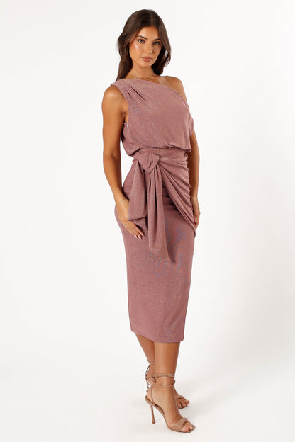 Dusty Rose Santiago Off-Shoulder Midi Dress in Navy