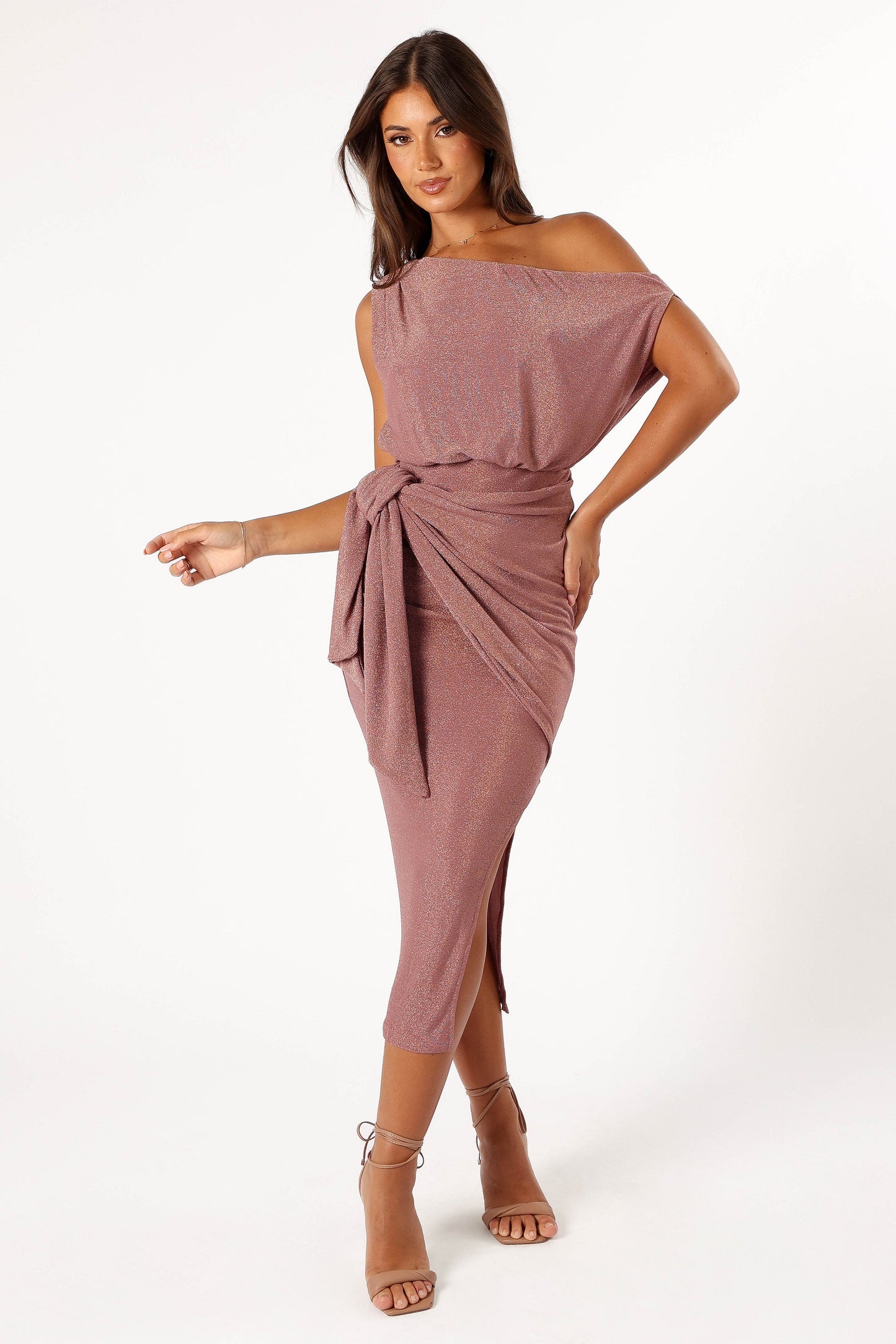 Dusty Rose Santiago Off-Shoulder Midi Dress in Navy
