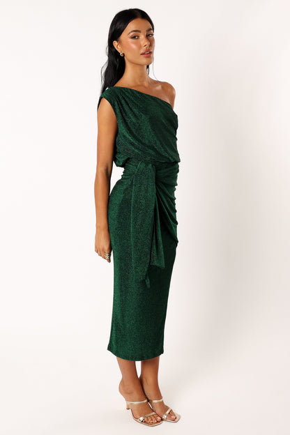 Emerald Santiago Off-Shoulder Midi Dress in Navy