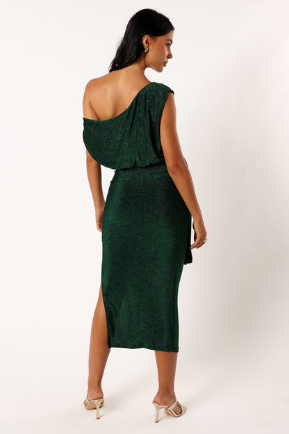 Emerald Santiago Off-Shoulder Midi Dress in Navy