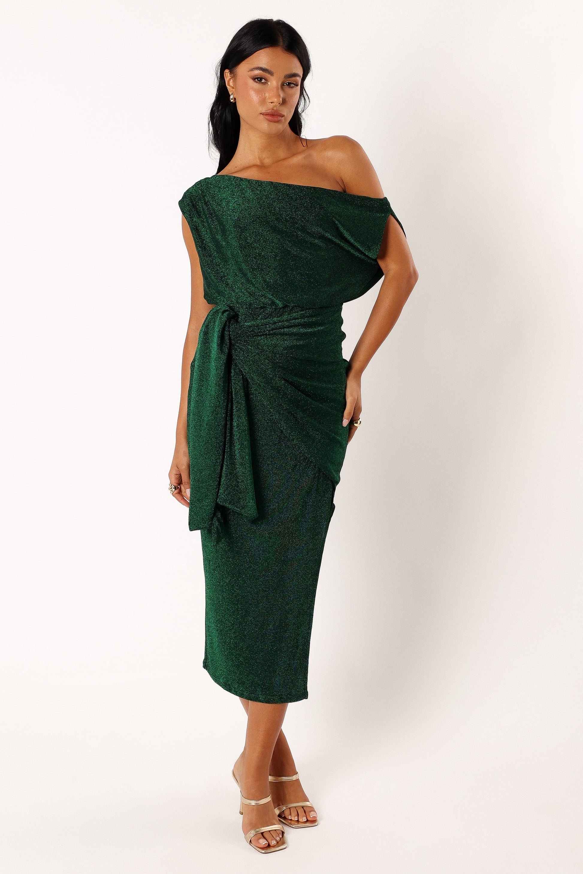 Emerald Santiago Off-Shoulder Midi Dress in Navy