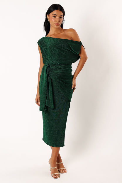 Emerald Santiago Off-Shoulder Midi Dress in Navy