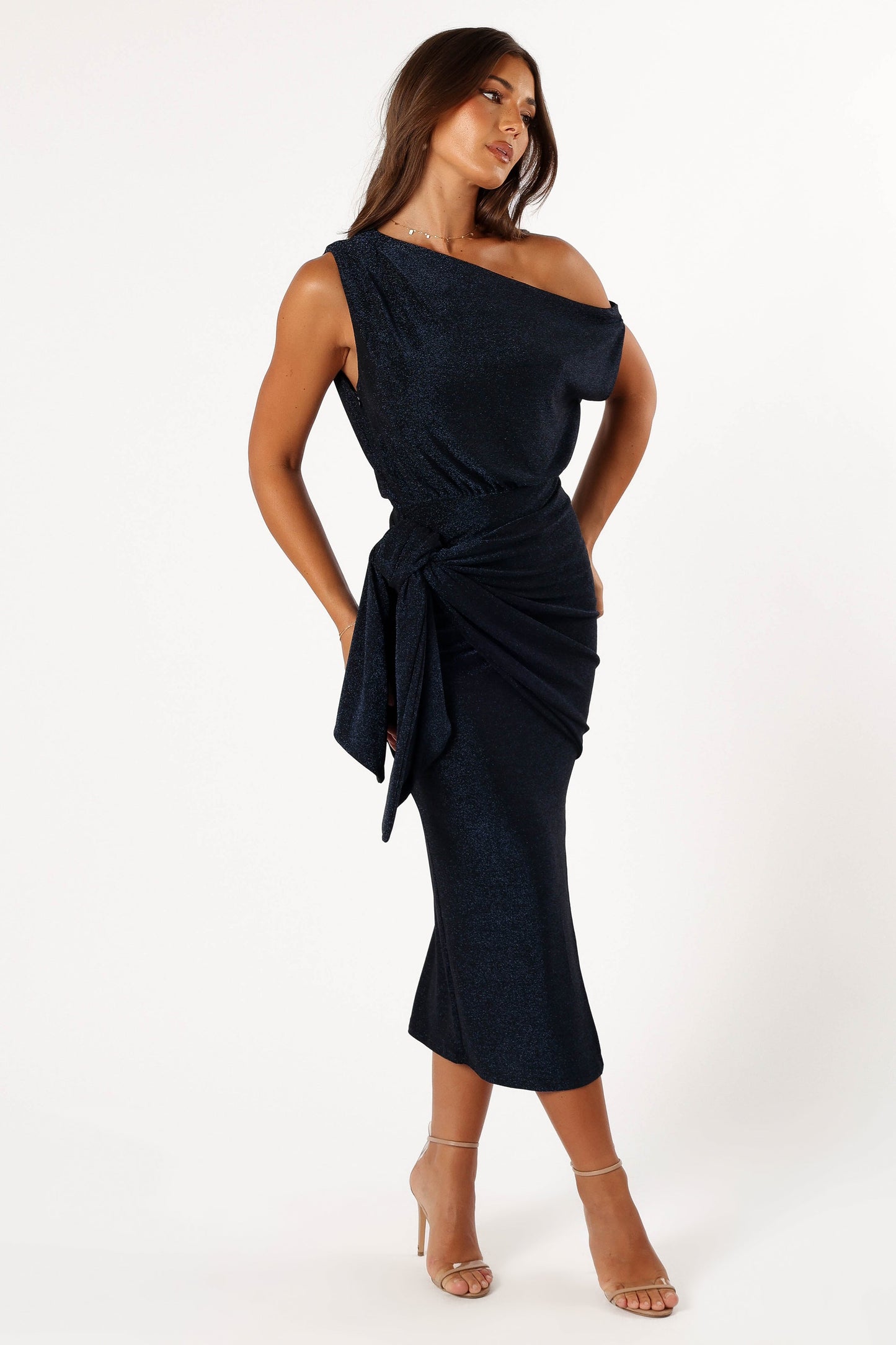 Navy Santiago Off-Shoulder Midi Dress in Navy