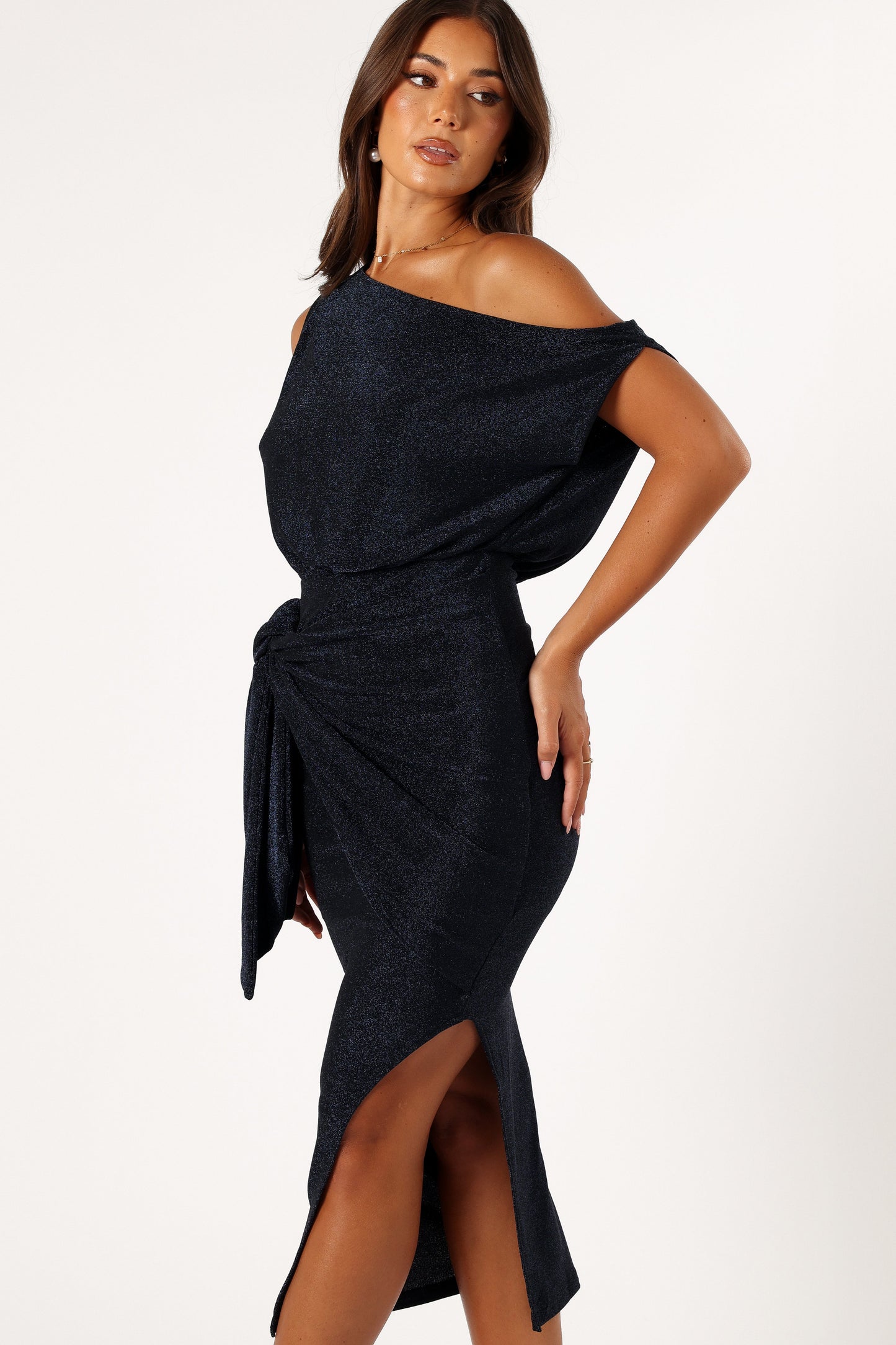 Navy Santiago Off-Shoulder Midi Dress in Navy