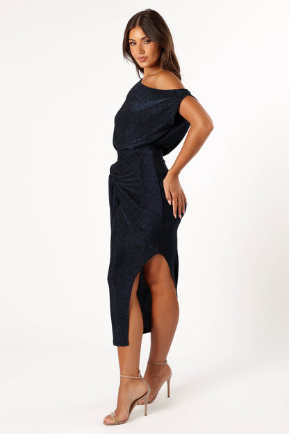 Navy Santiago Off-Shoulder Midi Dress in Navy