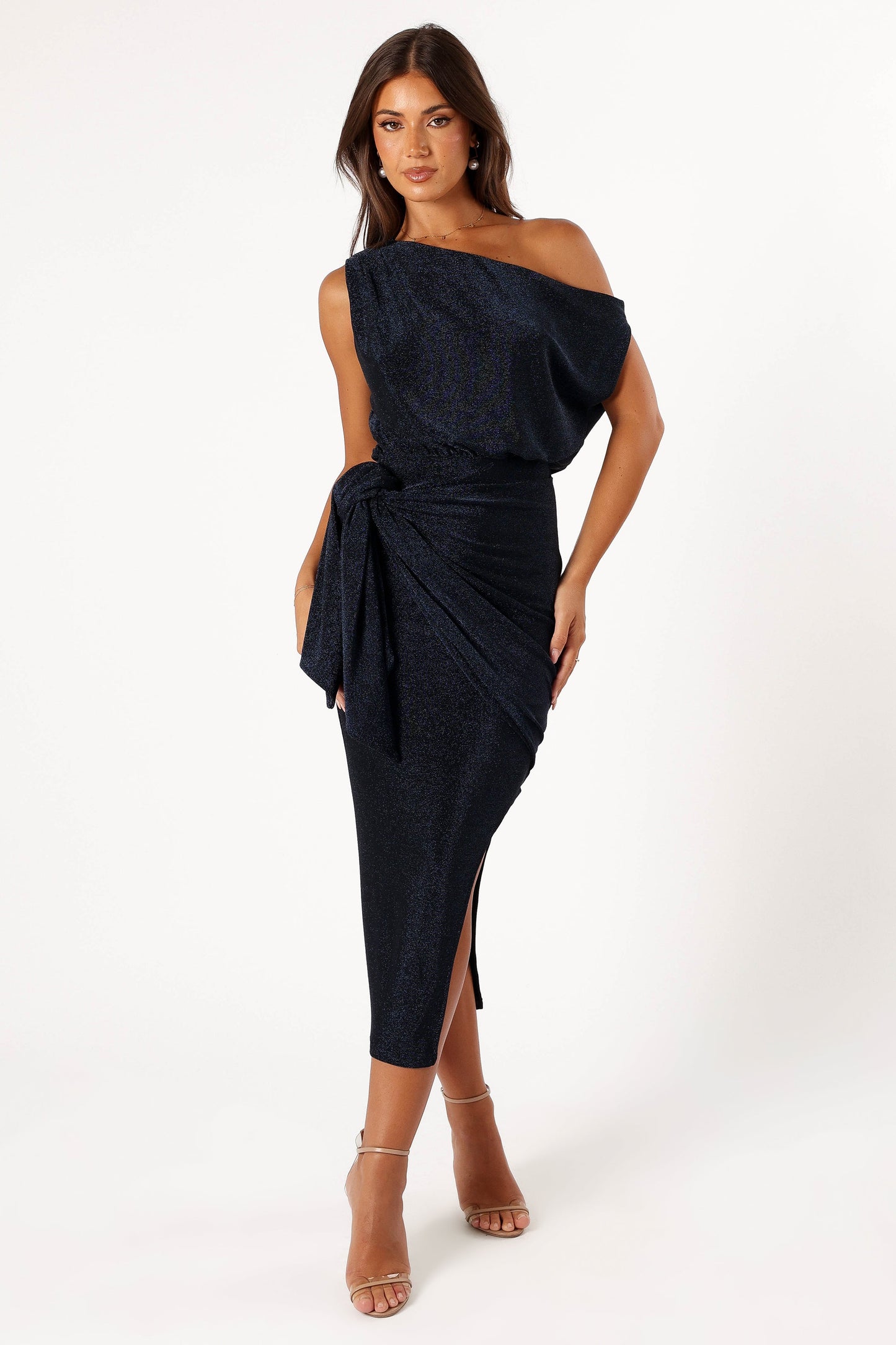 Navy Santiago Off-Shoulder Midi Dress in Navy
