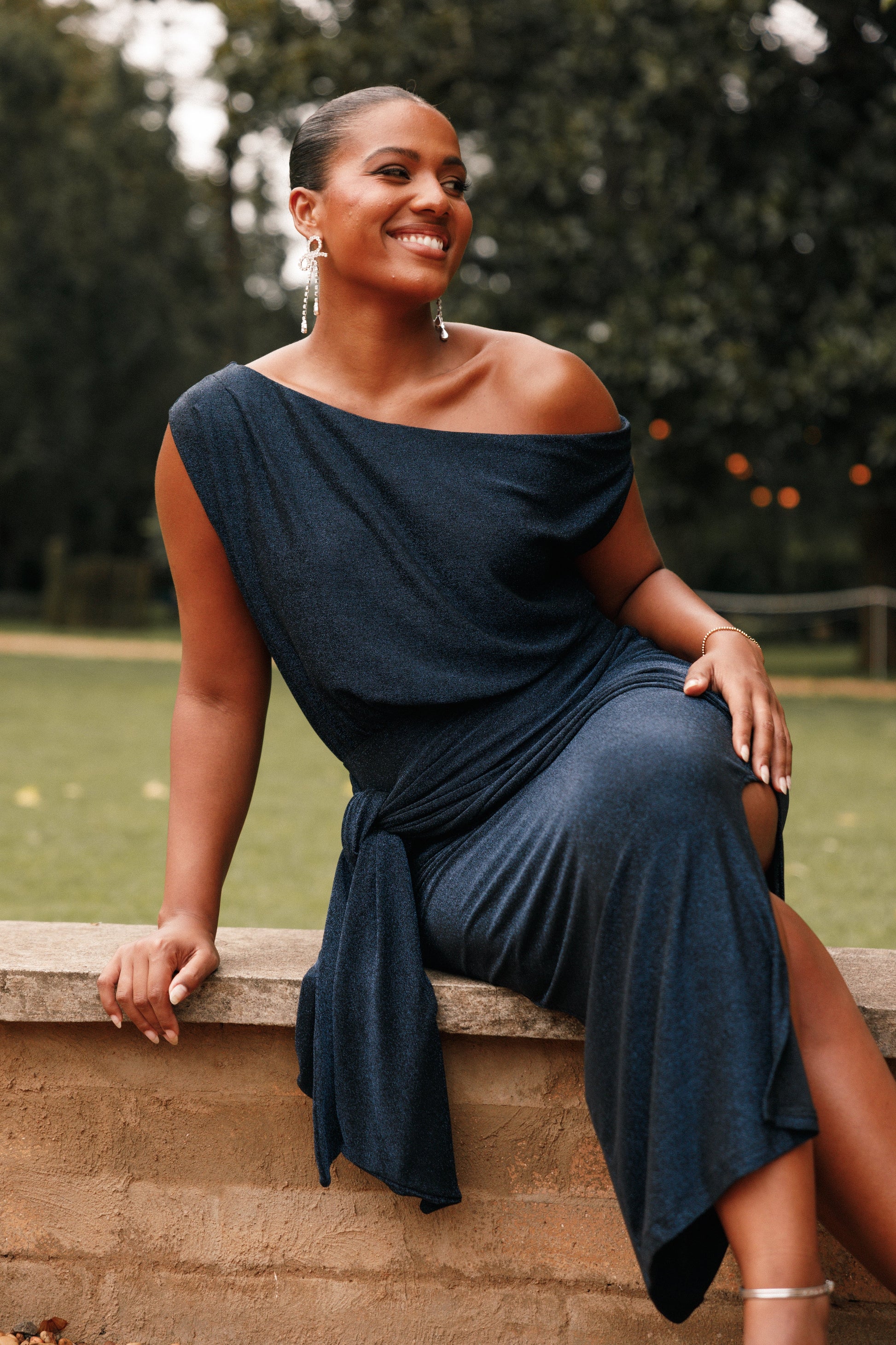 Navy Santiago Off-Shoulder Midi Dress in Navy
