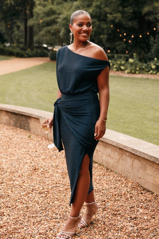Navy Santiago Off-Shoulder Midi Dress in Navy