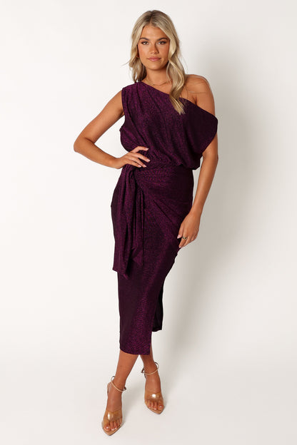 Purple Santiago Off-Shoulder Midi Dress in Navy
