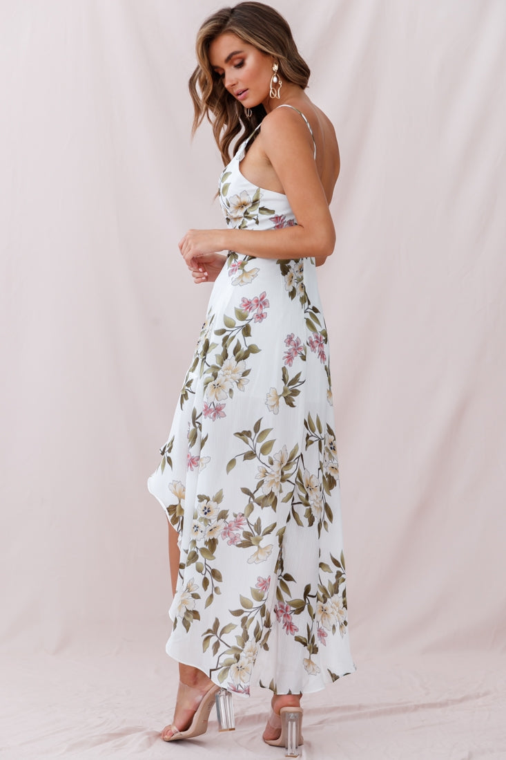 Low Hem Dress White Imelda V-Neck High-Low Dress in Navy