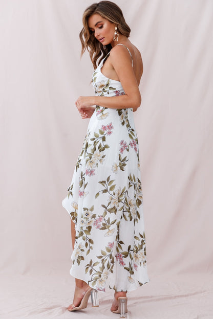 Low Hem Dress White Imelda V-Neck High-Low Dress in Navy
