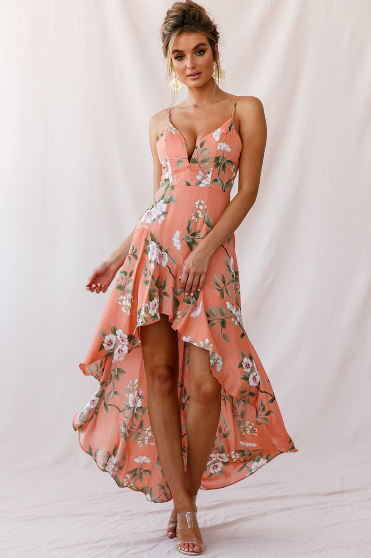 Low Hem Dress Peach Imelda V-Neck High-Low Dress in Navy