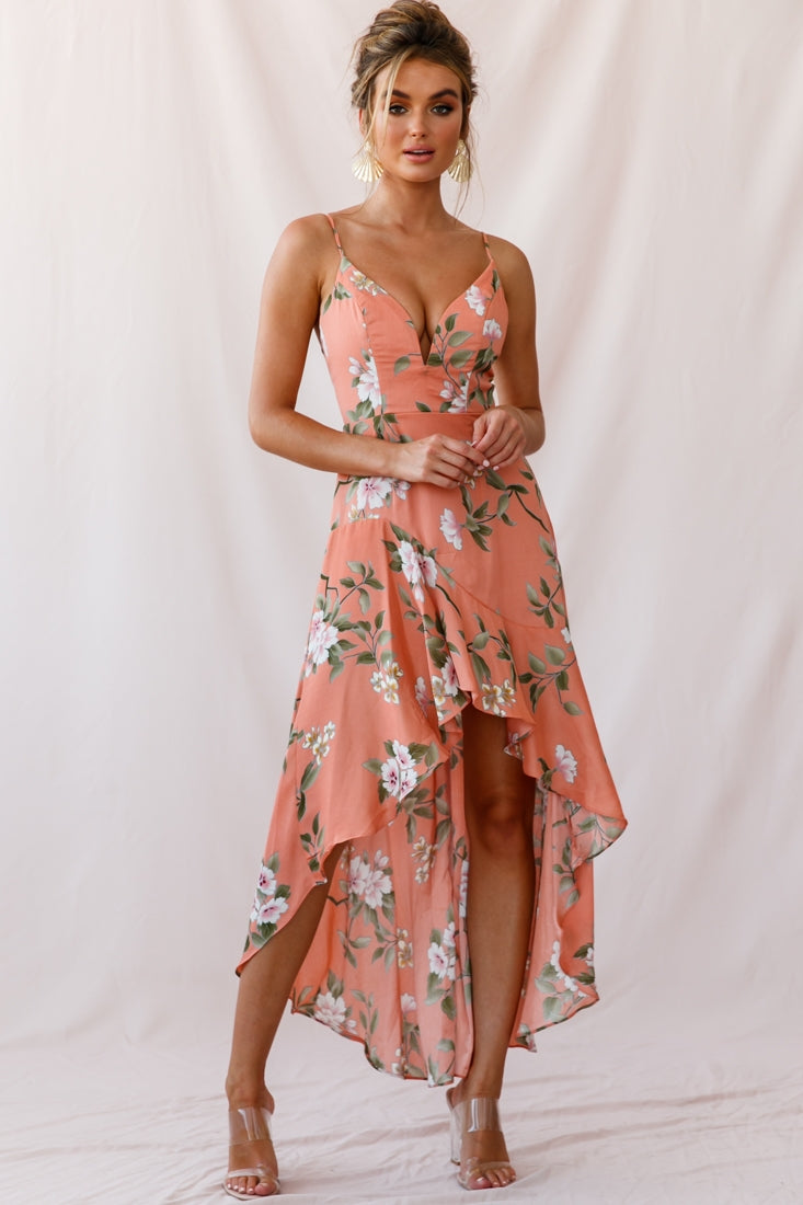 Low Hem Dress Peach Imelda V-Neck High-Low Dress in Navy