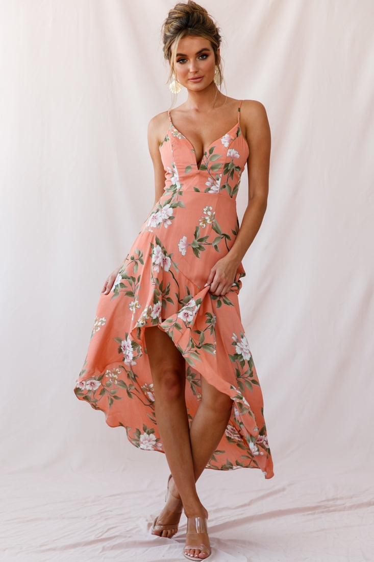 Low Hem Dress Peach Imelda V-Neck High-Low Dress in Navy