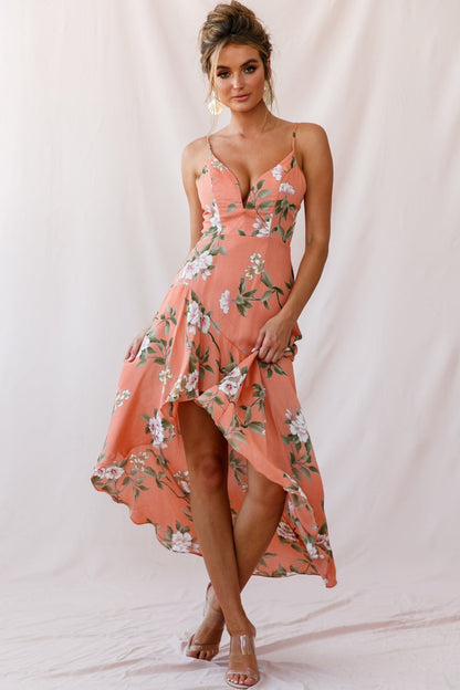 Low Hem Dress Peach Imelda V-Neck High-Low Dress in Navy
