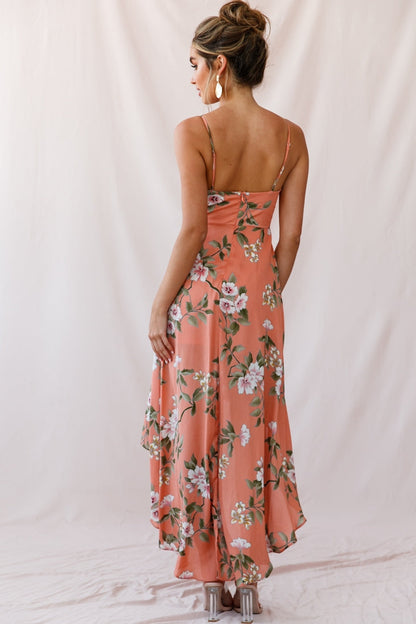 Low Hem Dress Peach Imelda V-Neck High-Low Dress in Navy