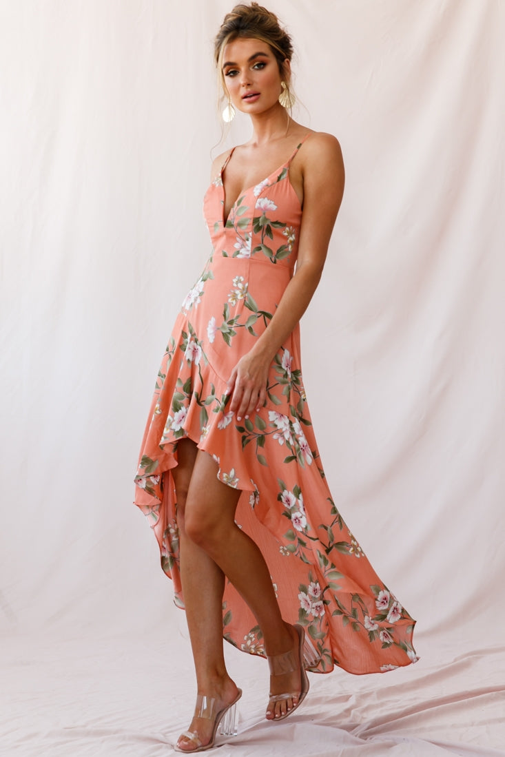 Low Hem Dress Peach Imelda V-Neck High-Low Dress in Navy