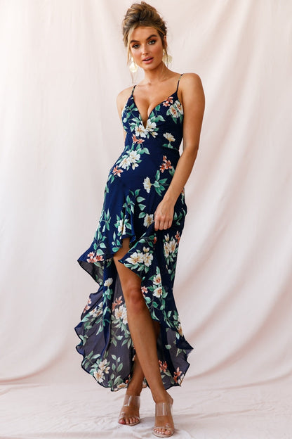 Low Hem Dress Navy Imelda V-Neck High-Low Dress in Navy