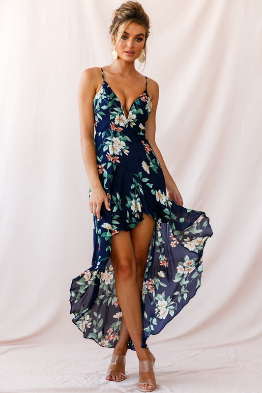 Low Hem Dress Navy Imelda V-Neck High-Low Dress in Navy
