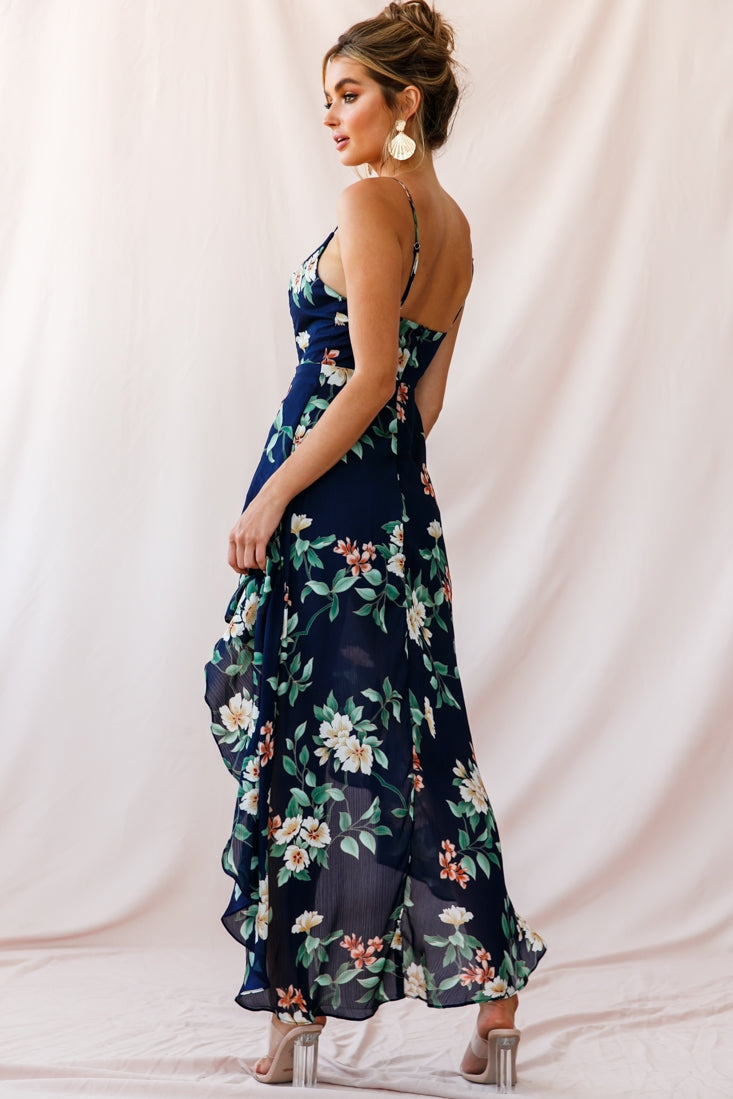 Low Hem Dress Navy Imelda V-Neck High-Low Dress in Navy