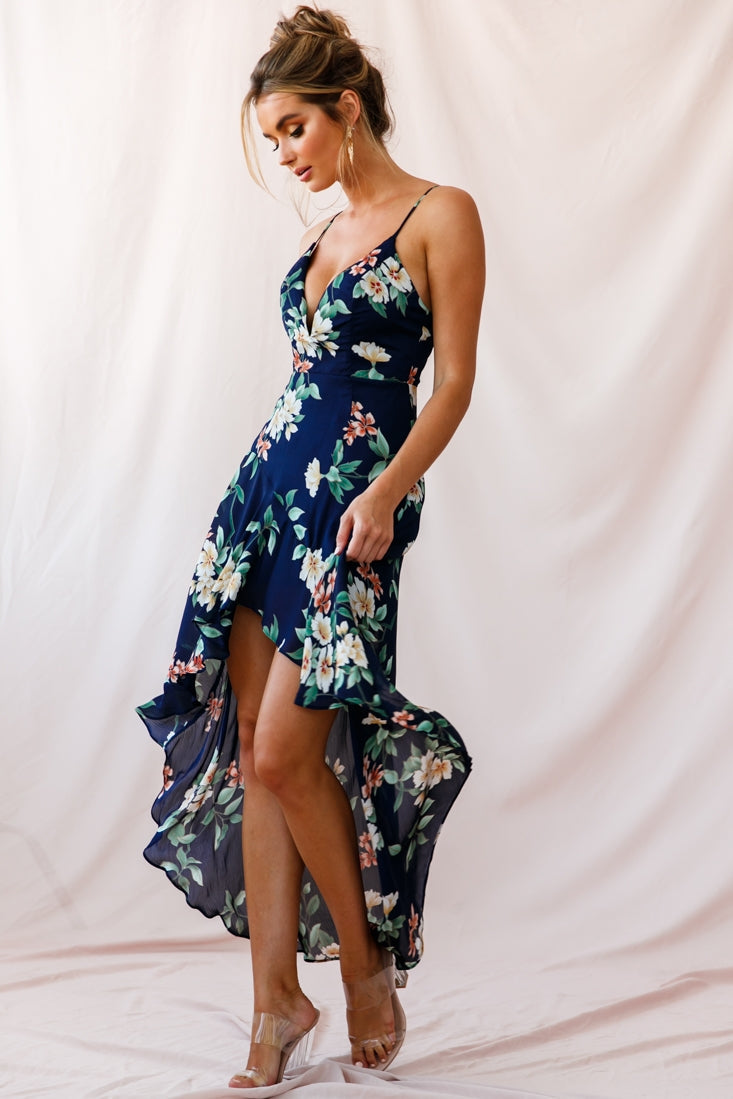 Low Hem Dress Navy Imelda V-Neck High-Low Dress in Navy