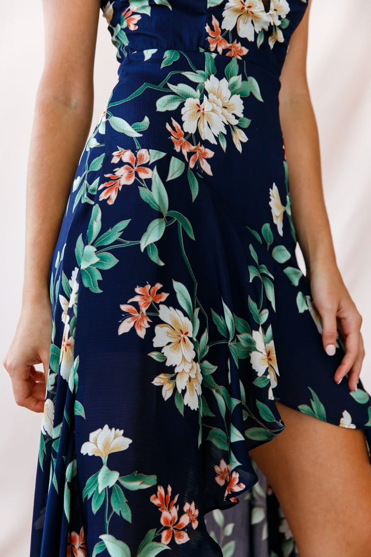 Low Hem Dress Navy Imelda V-Neck High-Low Dress in Navy