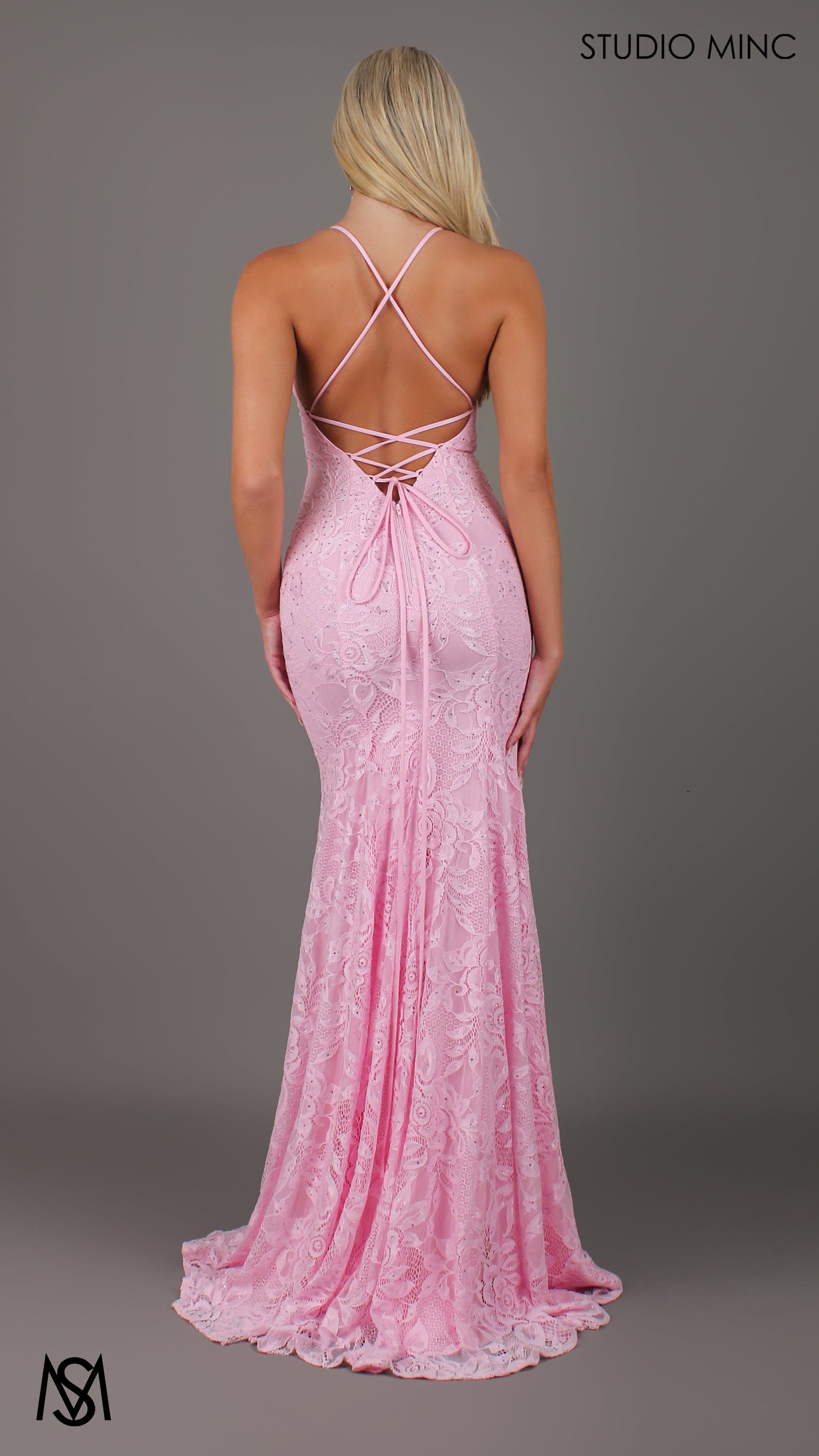 Light Pink formal dress | lace V neckline fitted mermaid lace up Jasmine Lace Mermaid Dress