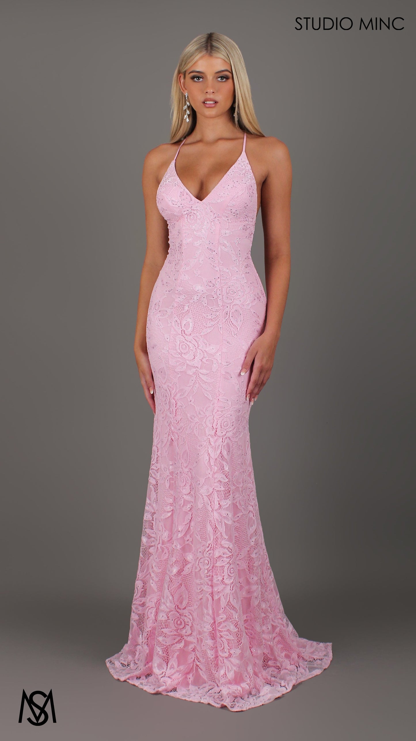 Light Pink formal dress | lace V neckline fitted mermaid lace up Jasmine Lace Mermaid Dress