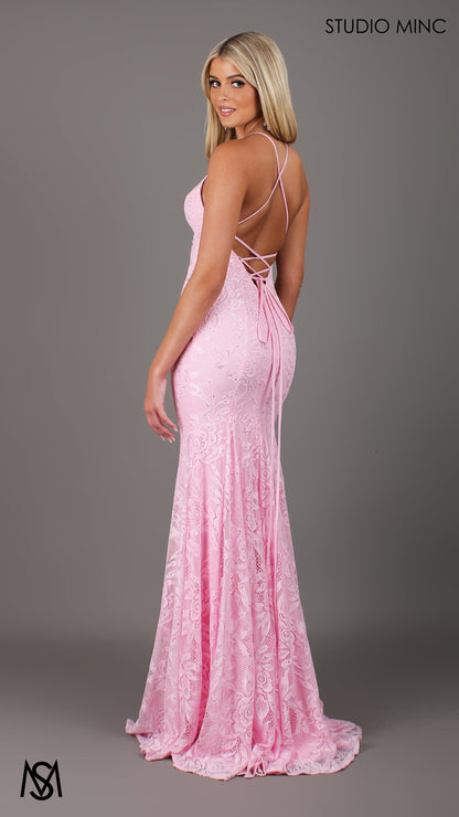 Light Pink formal dress | lace V neckline fitted mermaid lace up Jasmine Lace Mermaid Dress